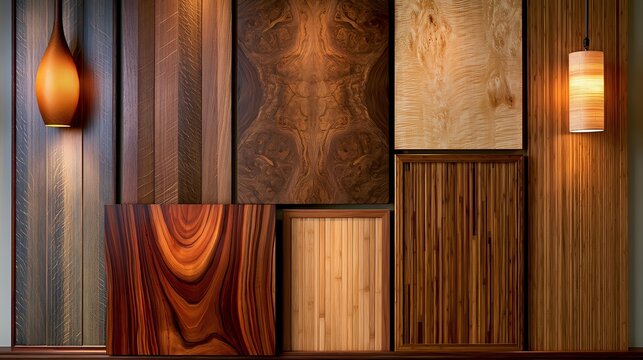 Premium wood composition combining quarter sawn oak walnut burl maple grain sustainable bamboo and refined architectural lighting creating timeless commercial material background