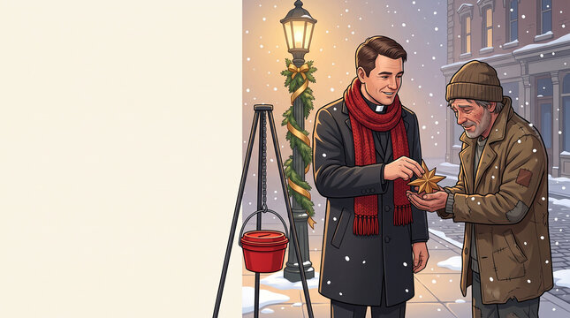 Compassionate priest in red scarf giving golden Christmas star ornament to impoverished homeless man beside charity kettle in falling snow stock illustration&mdash;featuring illuminated lamppost garland, wi