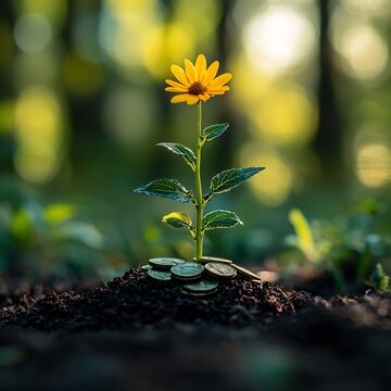 Single yellow flower plant growing from gold coins on dark soil with soft bokeh sunlight in a natural forest background