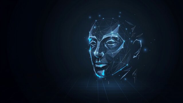 Digital human face with futuristic wireframe design