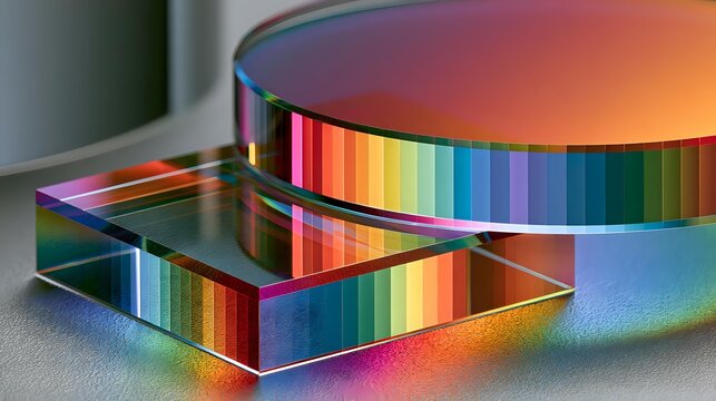 Thin film interference revealing delicate rainbow spectral gradients across transparent metallic coating illuminated through soft laboratory lighting exceptional optical realism