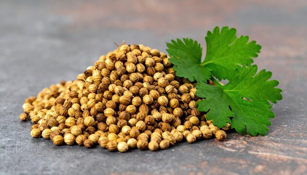 Pile of whole dried coriander seeds beside fresh green coriander sprig