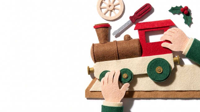 Hands assembling a felt toy train with accessories on a table  