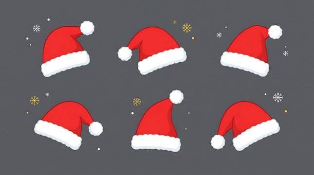 Collection of festive red santa hats against a dark gray background for holiday themes