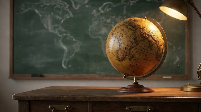 Vintage globe sitting on a wooden desk with a chalkboard map in the background