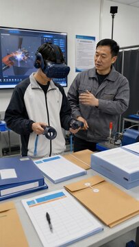 Instructor guiding student using virtual reality welding simulator in technical training class