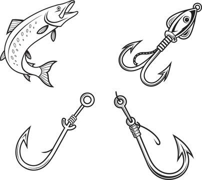 Black and white line art vector illustration collection of jumping fish, fishing hooks, and squid lure equipment set   