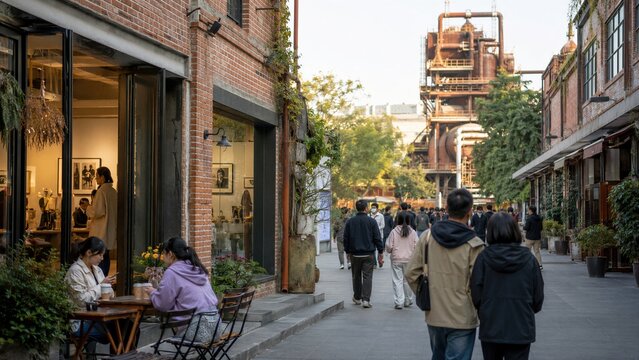 Lively pedestrian street in Beijing's 798 Art District with cafes, shops, and industrial steel structure