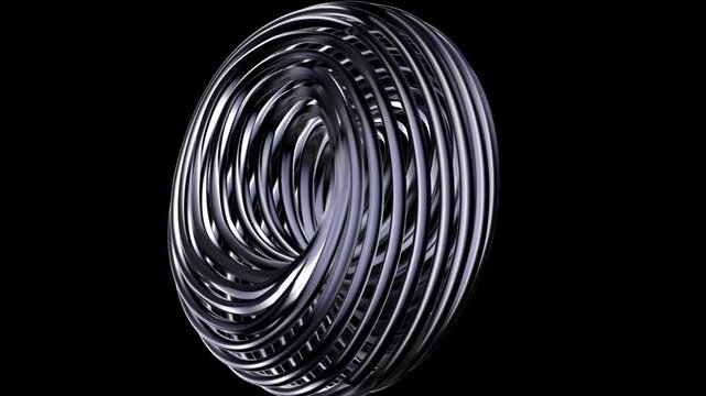 Abstract 3D render Rotating Silver Metallic Wire Torus Seamless Loop Video, Futuristic Chrome Knot Motion Graphics, Minimal Cybernetic Ring Axis Spin &ndash; Floating silver wire torus revolving smoothly