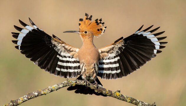 Eurasian hoopoe bird spreading vibrant wings with distinctive feathered crest