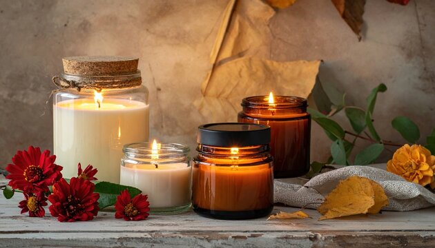 Scented candles in amber and clear glass jars