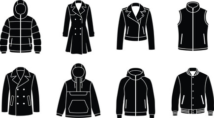 Set of Black Winter Coat and Jacket Icons for Fashion Retail and Apparel Design Projects © Manik