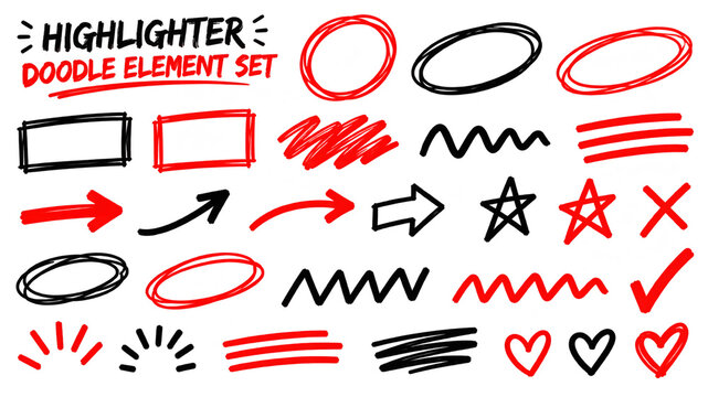 black and red marker doodle design elements set isolated on black background   