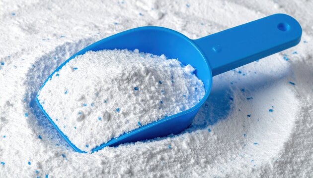 Blue laundry detergent scoop filled with washing powder