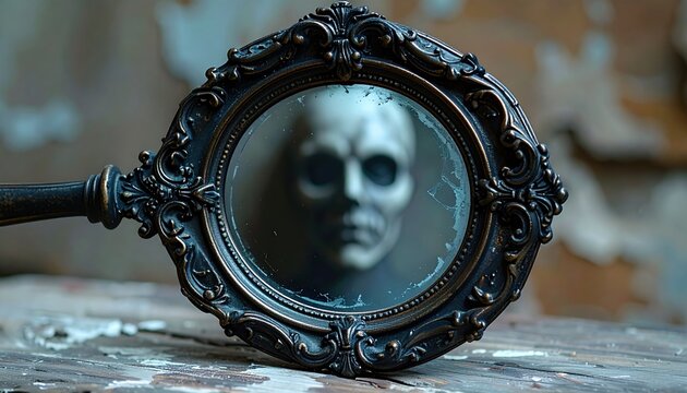 Haunted antique hand mirror featuring an eerie ghostly face reflection