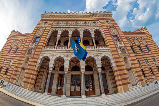 Vijećnica (Sarajevo City Hall), the famous historic building and symbol of Sarajevo, Bosnia and Herzegovina, renowned for its Pseudo-Moorish architecture. Built during the Austro-Hungarian era (1896).