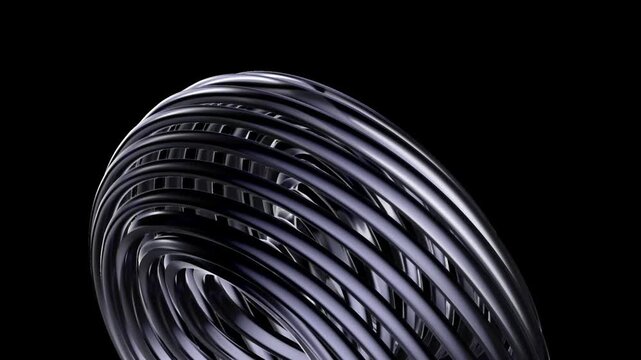 Abstract 3D render Rotating Silver Wire Arc Seamless Loop Video, Futuristic Metallic Dome Motion Graphics, Glossy Chrome Coil Axis Spin &ndash; Top view of a silver wire coil structure rotating smoothly