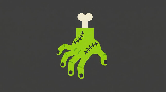 A stylized green zombie hand featuring dark stitches and a protruding bone displayed centrally against a solid dark gray backdrop