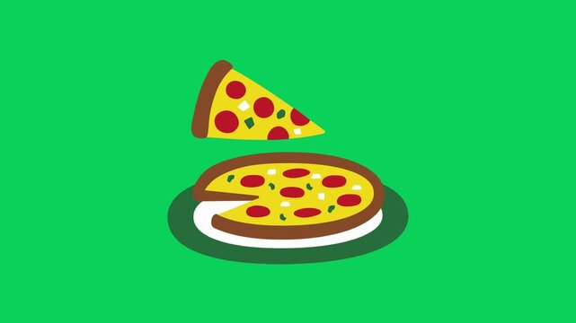 Pizza rotates clockwise on a green background during a looping animation