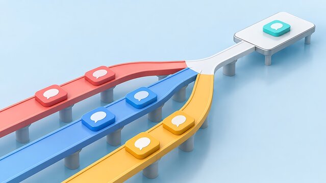 Multiple colorful conveyor belt lanes merging message icons into a single device illustrating omnichannel communication data integration and centralized networking.