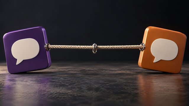 Two 3D message icons engaged in a tug of war with a rope depicting communication conflict negotiation argument and business competition.