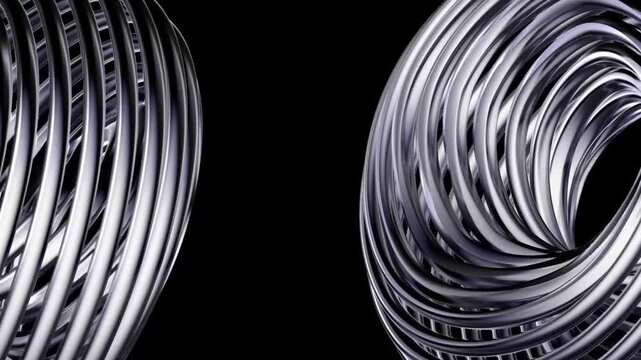Abstract 3D render Dual Rotating Chrome Wire Rings Seamless Loop Video, Split Screen Metallic Coil Motion Graphics, Futuristic Wireframe Axis Spin &ndash; Two silver wire torus structures revolving