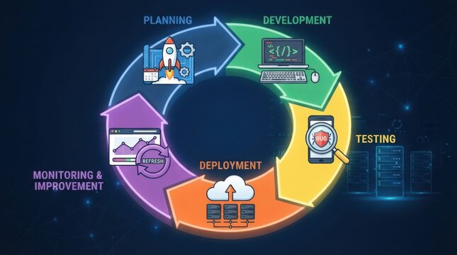 Software Development Life Cycle Infographic Showing Planning Testing And Deployment Stages