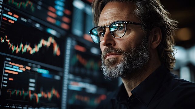Close-up of Mature Businessman with Glasses Analyzing Financial Market Data