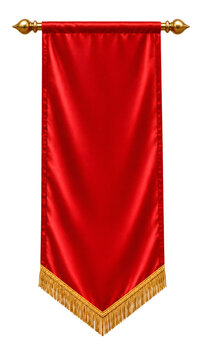 Red fabric vertical banner with gold fringe hanging on a rod