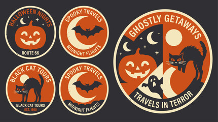 Fototapeta premium Vintage Halloween Travel Badge Set Featuring Spooky Pumpkins, Black Cats, and Bats in Retro Line Art Style