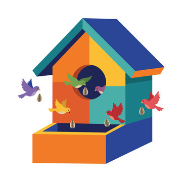 Colorful Birdhouse with Cute Flying Birds and Seeds - Vector Illustration