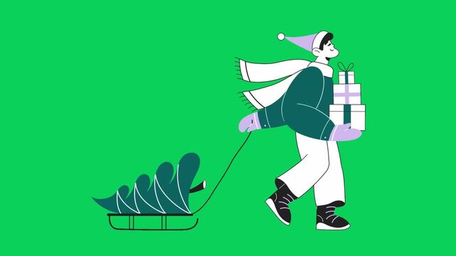 Delivery person pulls a sled with gifts across a green screen background
