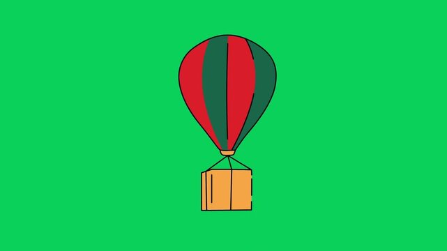 Red and green hot air balloon descends against a solid green background