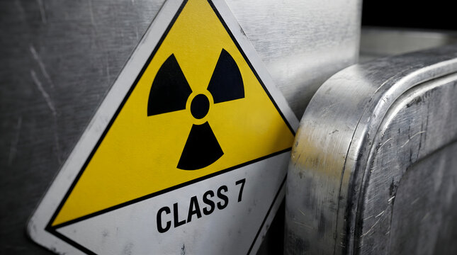 A close up view of a class 7 radioactive warning sign placed on a metallic industrial surface background