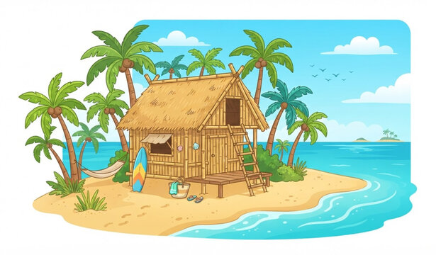 Tropical Surfer Hut on Sandy Beach with Palm Trees and Ocean Flat Vector