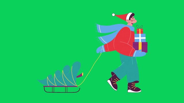 Child pulls sled with gifts across a green screen in a looping animation