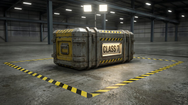 Industrial class 7 radioactive material storage container secured inside a futuristic warehouse facility