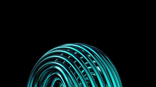 Abstract 3D render Rotating Neon Cyan Wire Dome Seamless Loop Video, Minimalist Metallic Coil Motion Graphics, Glowing Cybernetic Ribbon Axis Spin &ndash; Lower central view of a cyan metallic wire