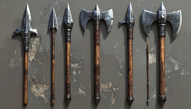 Ancient medieval fantasy weapons including spears and battle axe