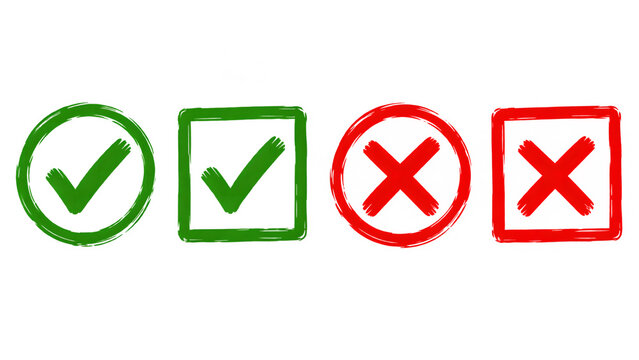 Green check mark and red cross icons isolated on white background