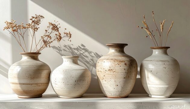 Modern minimalist ceramic vases in neutral earthy tones