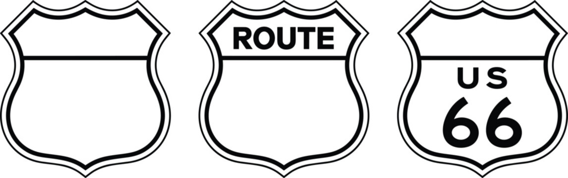 Three historic Route 66 highway shield outline vector signs set isolated on white background for American road trip travel graphics