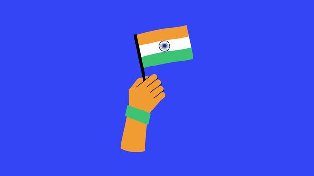 Animated hand waves the flag of India against a solid blue backdrop