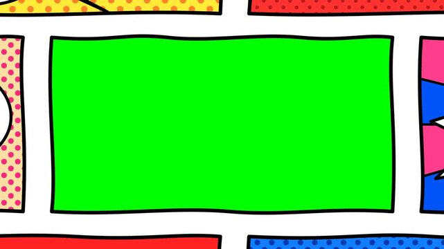 Animated pop art comic frames assembling toward center with green screen panels and zoom motion. Halftone dotted borders in red, blue, and yellow create playful retro style for fun motion graphics.