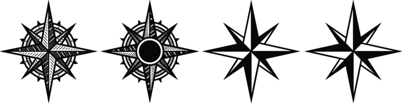 Vintage nautical wind rose and star compass black silhouette vectors collection isolated on white background for marine travel map