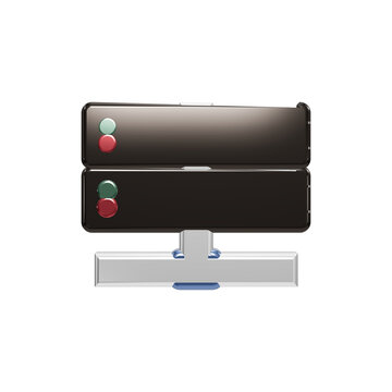 A sleek dark server rack icon featuring two horizontal drive slots with green and red status indicator lights on a clean metallic base against a solid black background, digital networking concept art