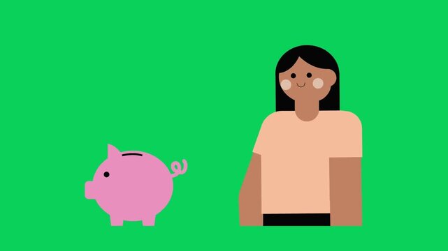 Woman inserts a coin into a pink piggy bank on a green background