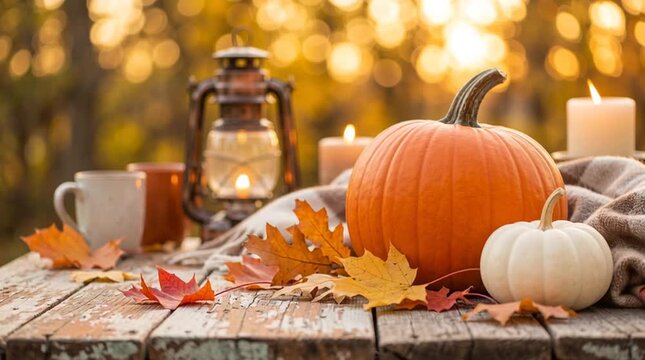 Autumn still life with orange and white pumpkins, colorful leaves, candles, lantern and cup on a rustic wooden table, with a cozy blanket and warm golden bokeh background