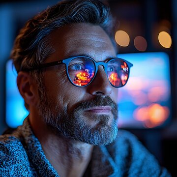 Close-up Portrait of a Mature Man with Glasses Reflecting City Lights at Night
