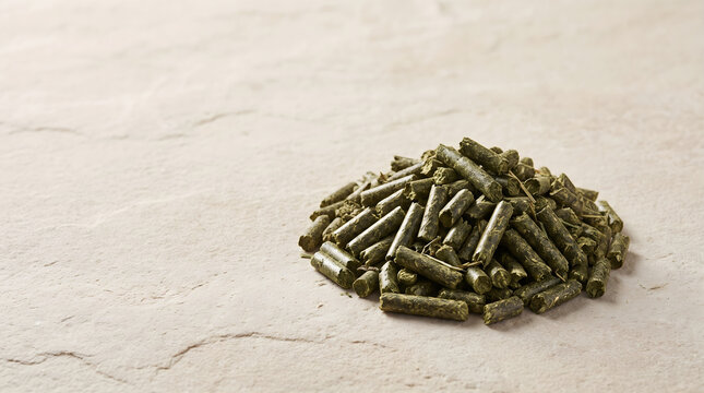 A close-up view of a nutritious pile of green alfalfa pellet feed for livestock on a rustic background